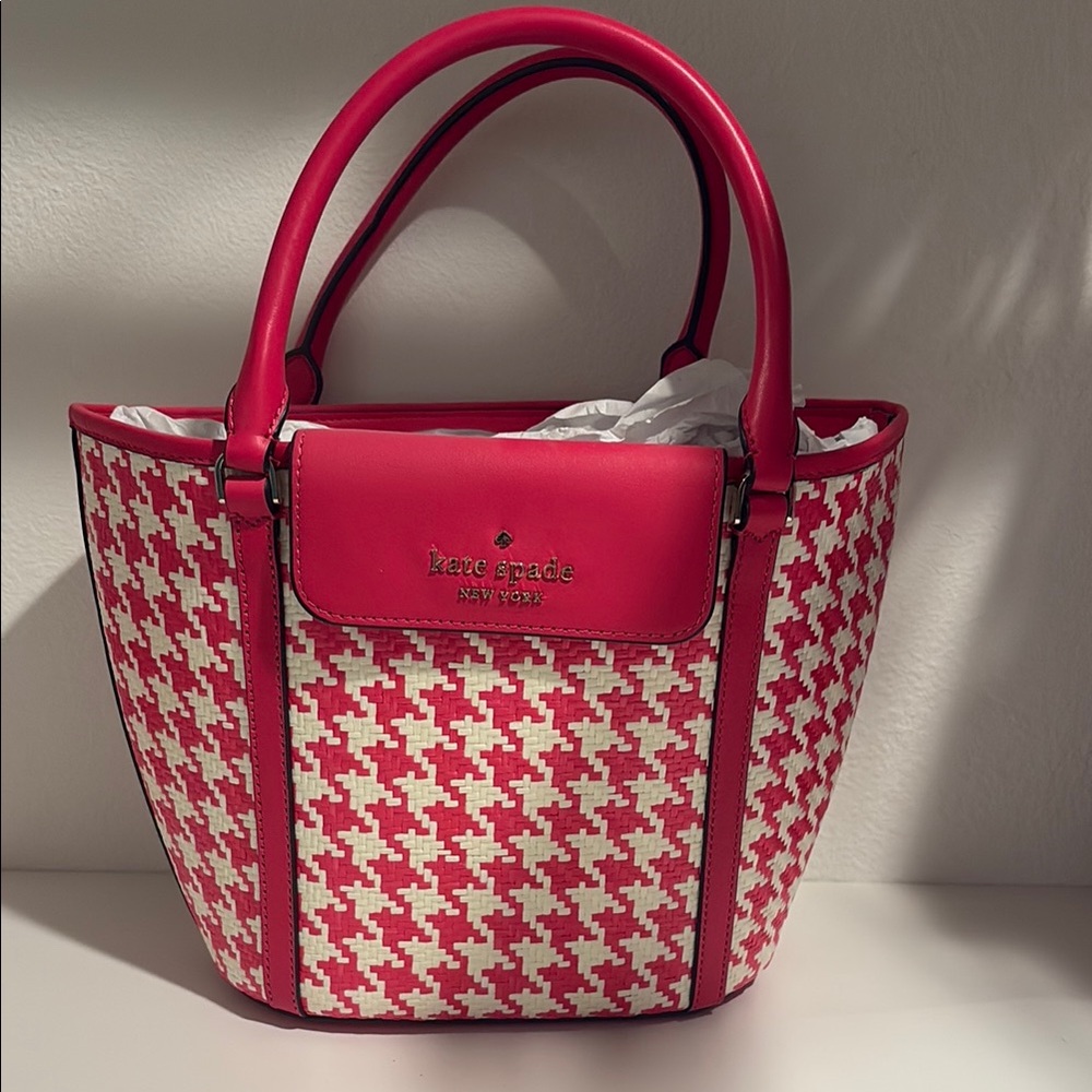 Kate Spade hot pink and white Houndstooth Tote